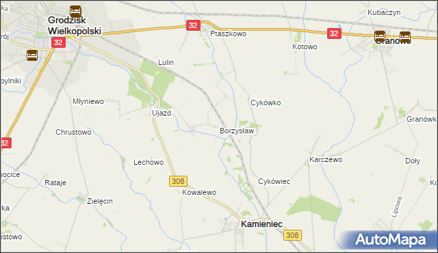 mapa Borzysław gmina Grodzisk Wielkopolski, Borzysław gmina Grodzisk Wielkopolski na mapie Targeo