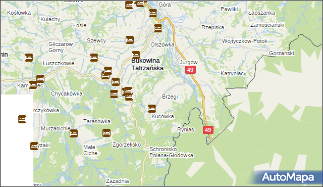 mapa Brzegi gmina Bukowina Tatrzańska, Brzegi gmina Bukowina Tatrzańska na mapie Targeo