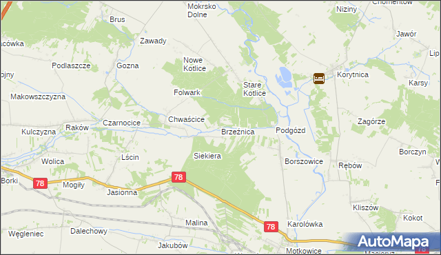 mapa Brzeźnica gmina Jędrzejów, Brzeźnica gmina Jędrzejów na mapie Targeo
