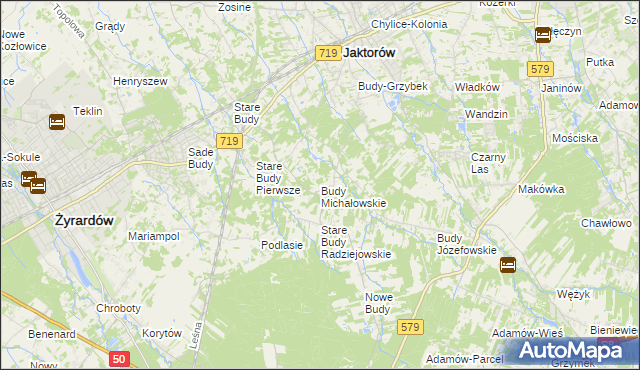 mapa Budy Michałowskie gmina Jaktorów, Budy Michałowskie gmina Jaktorów na mapie Targeo
