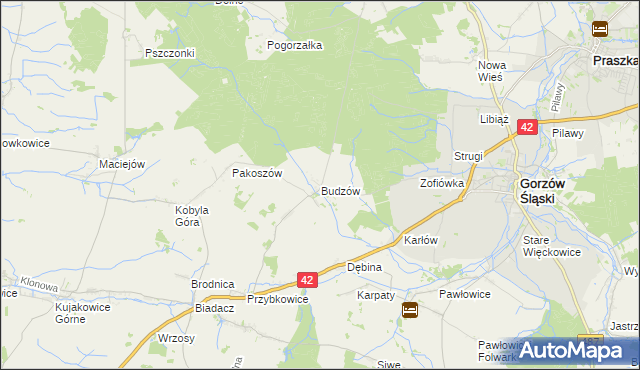 mapa Budzów gmina Gorzów Śląski, Budzów gmina Gorzów Śląski na mapie Targeo