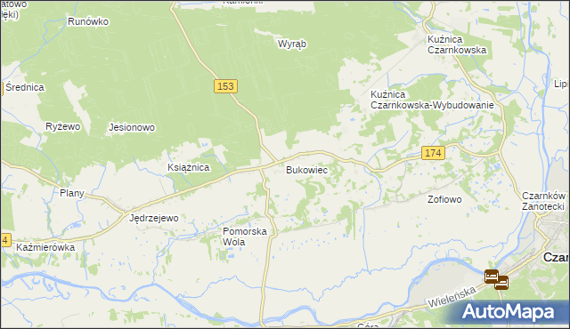 mapa Bukowiec gmina Czarnków, Bukowiec gmina Czarnków na mapie Targeo