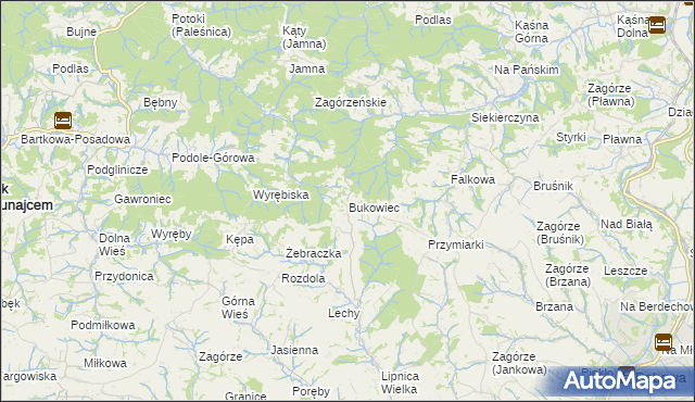 mapa Bukowiec gmina Korzenna, Bukowiec gmina Korzenna na mapie Targeo