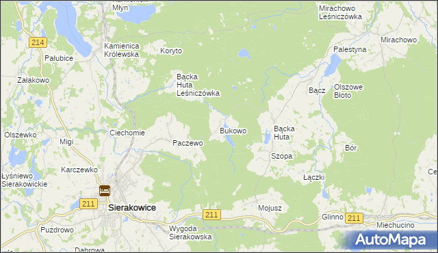 mapa Bukowo gmina Sierakowice, Bukowo gmina Sierakowice na mapie Targeo