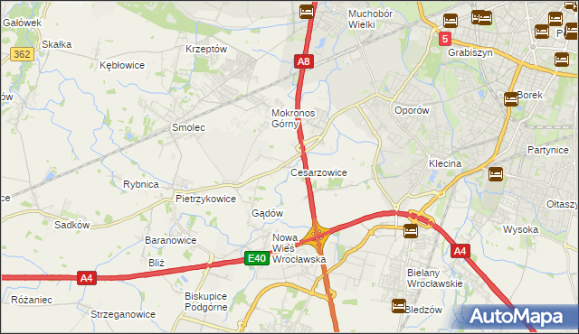 mapa Cesarzowice gmina Kąty Wrocławskie, Cesarzowice gmina Kąty Wrocławskie na mapie Targeo