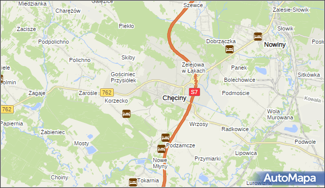 mapa Chęciny powiat kielecki, Chęciny powiat kielecki na mapie Targeo