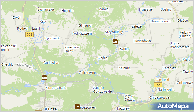 mapa Cieślin gmina Klucze, Cieślin gmina Klucze na mapie Targeo