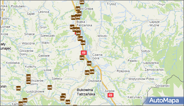 mapa Czarna Góra gmina Bukowina Tatrzańska, Czarna Góra gmina Bukowina Tatrzańska na mapie Targeo