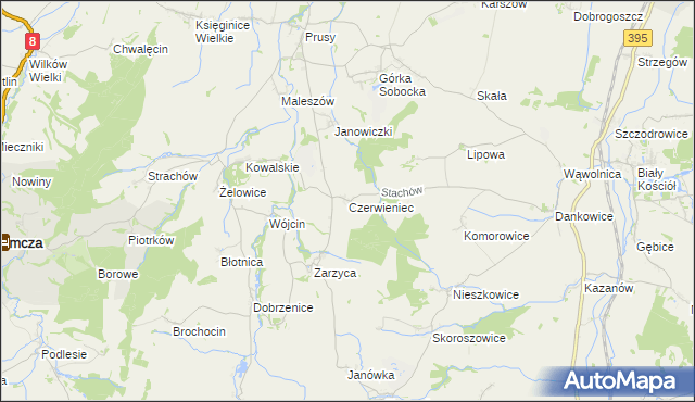 mapa Czerwieniec gmina Kondratowice, Czerwieniec gmina Kondratowice na mapie Targeo