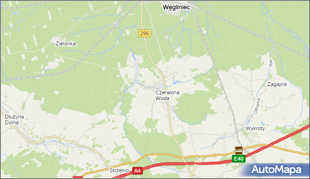 mapa Czerwona Woda gmina Węgliniec, Czerwona Woda gmina Węgliniec na mapie Targeo