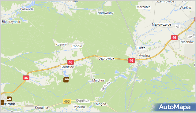 mapa Dąbrowica gmina Dobrodzień, Dąbrowica gmina Dobrodzień na mapie Targeo