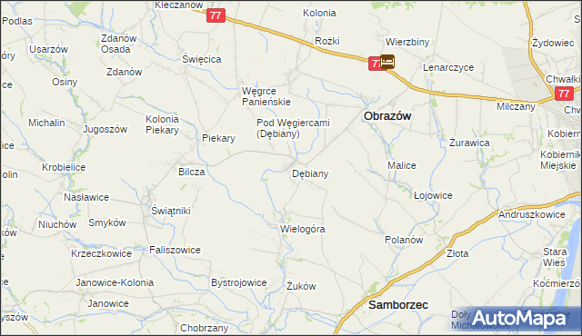 mapa Dębiany gmina Obrazów, Dębiany gmina Obrazów na mapie Targeo