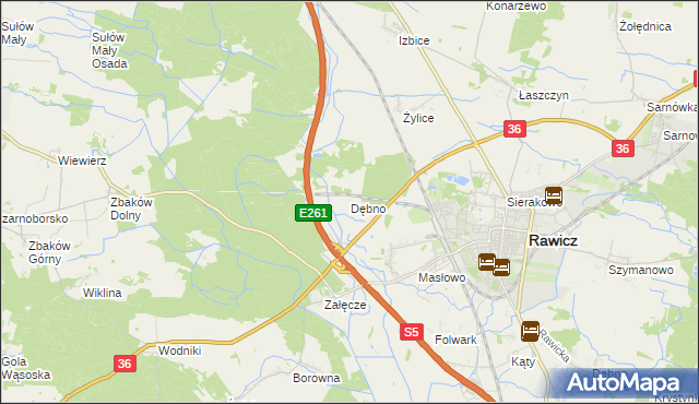mapa Dębno gmina Rawicz, Dębno gmina Rawicz na mapie Targeo