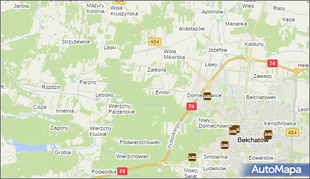 mapa Emilin gmina Bełchatów, Emilin gmina Bełchatów na mapie Targeo