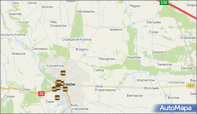 mapa Felicjanów gmina Uniejów, Felicjanów gmina Uniejów na mapie Targeo