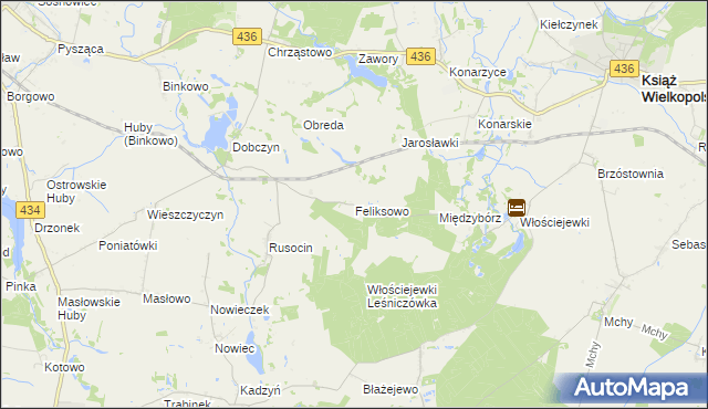 mapa Feliksowo gmina Książ Wielkopolski, Feliksowo gmina Książ Wielkopolski na mapie Targeo