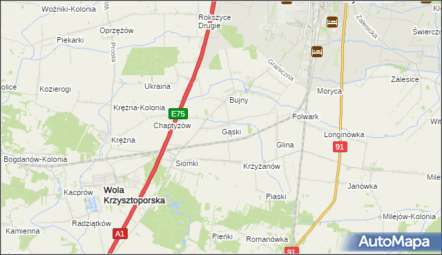 mapa Gąski gmina Wola Krzysztoporska, Gąski gmina Wola Krzysztoporska na mapie Targeo