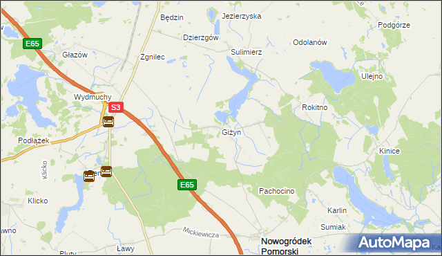 mapa Giżyn gmina Nowogródek Pomorski, Giżyn gmina Nowogródek Pomorski na mapie Targeo