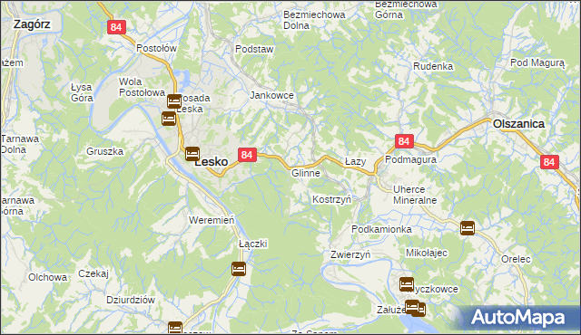 mapa Glinne gmina Lesko, Glinne gmina Lesko na mapie Targeo
