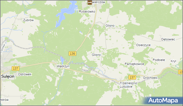 mapa Glisno gmina Sulęcin, Glisno gmina Sulęcin na mapie Targeo