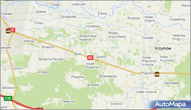 mapa Głodno gmina Krzymów, Głodno gmina Krzymów na mapie Targeo