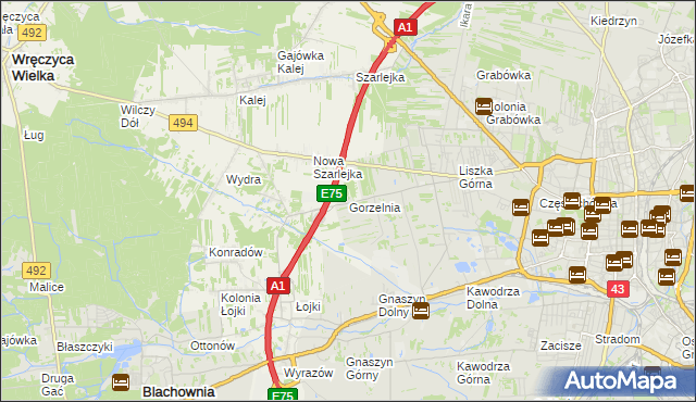 mapa Gorzelnia gmina Blachownia, Gorzelnia gmina Blachownia na mapie Targeo