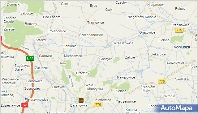 mapa Goszyce gmina Kocmyrzów-Luborzyca, Goszyce gmina Kocmyrzów-Luborzyca na mapie Targeo