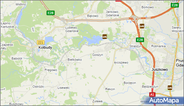 mapa Goszyn gmina Pruszcz Gdański, Goszyn gmina Pruszcz Gdański na mapie Targeo