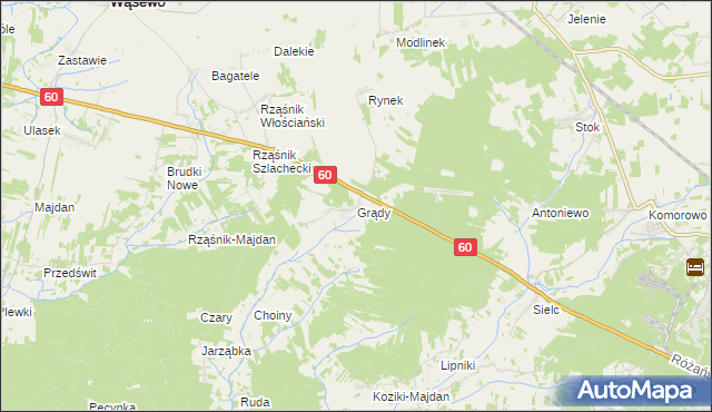 mapa Grądy gmina Wąsewo, Grądy gmina Wąsewo na mapie Targeo