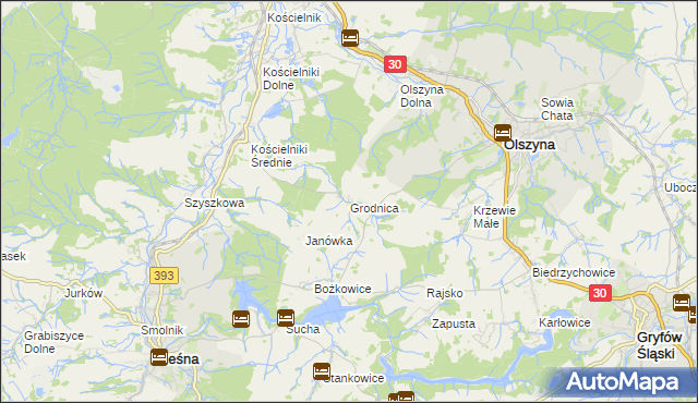 mapa Grodnica gmina Olszyna, Grodnica gmina Olszyna na mapie Targeo