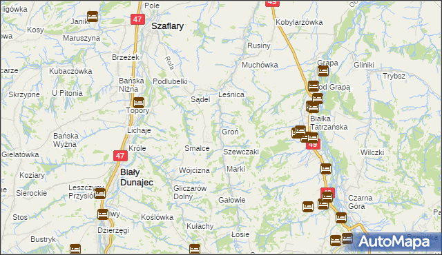 mapa Groń gmina Bukowina Tatrzańska, Groń gmina Bukowina Tatrzańska na mapie Targeo