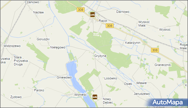 mapa Gryżyna gmina Kościan, Gryżyna gmina Kościan na mapie Targeo