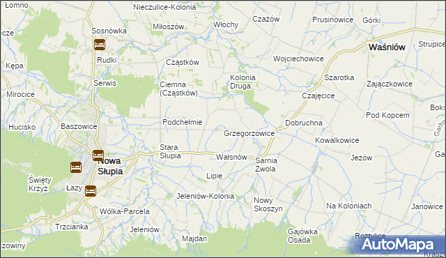 mapa Grzegorzowice gmina Waśniów, Grzegorzowice gmina Waśniów na mapie Targeo