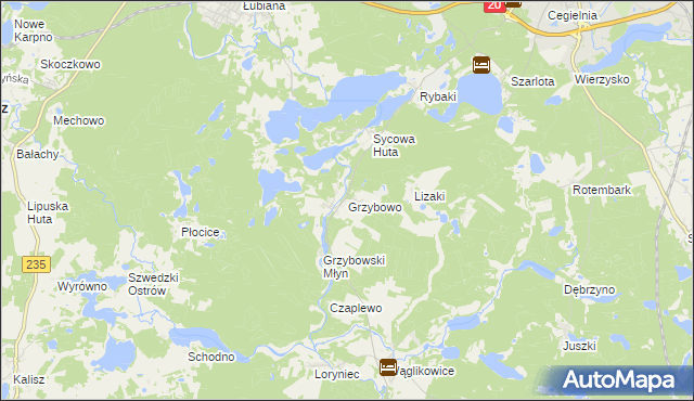mapa Grzybowo gmina Kościerzyna, Grzybowo gmina Kościerzyna na mapie Targeo