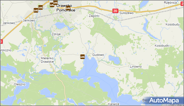 mapa Gudowo gmina Drawsko Pomorskie, Gudowo gmina Drawsko Pomorskie na mapie Targeo