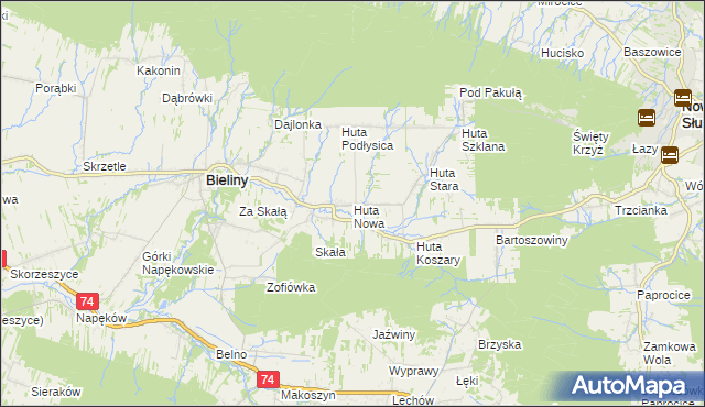 mapa Huta Nowa gmina Bieliny, Huta Nowa gmina Bieliny na mapie Targeo