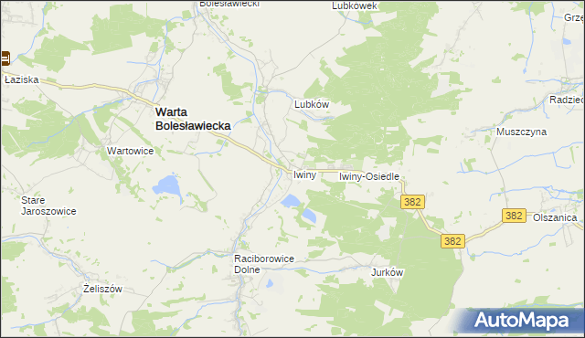 mapa Iwiny gmina Warta Bolesławiecka, Iwiny gmina Warta Bolesławiecka na mapie Targeo