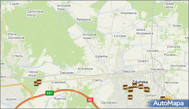 mapa Izabelów gmina Zduńska Wola, Izabelów gmina Zduńska Wola na mapie Targeo