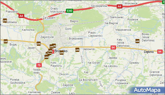 mapa Jadowniki gmina Brzesko, Jadowniki gmina Brzesko na mapie Targeo