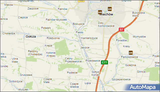 mapa Jaksice gmina Miechów, Jaksice gmina Miechów na mapie Targeo