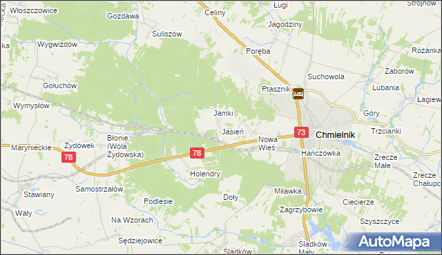 mapa Jasień gmina Chmielnik, Jasień gmina Chmielnik na mapie Targeo