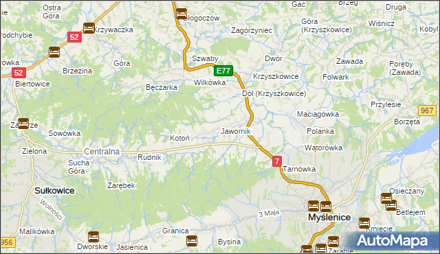 mapa Jawornik gmina Myślenice, Jawornik gmina Myślenice na mapie Targeo