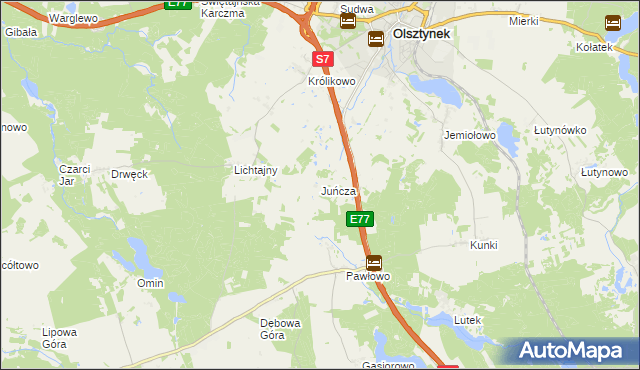 mapa Juńcza gmina Olsztynek, Juńcza gmina Olsztynek na mapie Targeo