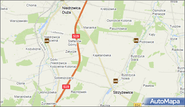 mapa Kajetanówka gmina Strzyżewice, Kajetanówka gmina Strzyżewice na mapie Targeo