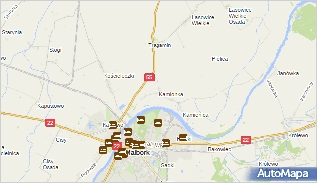 mapa Kamionka gmina Malbork, Kamionka gmina Malbork na mapie Targeo