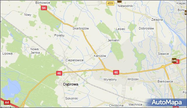 mapa Karczów gmina Dąbrowa, Karczów gmina Dąbrowa na mapie Targeo