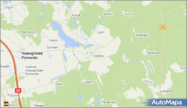 mapa Karsko gmina Nowogródek Pomorski, Karsko gmina Nowogródek Pomorski na mapie Targeo