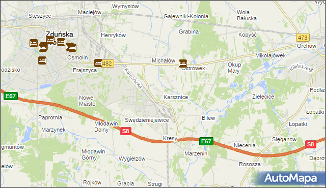 mapa Karsznice gmina Zduńska Wola, Karsznice gmina Zduńska Wola na mapie Targeo