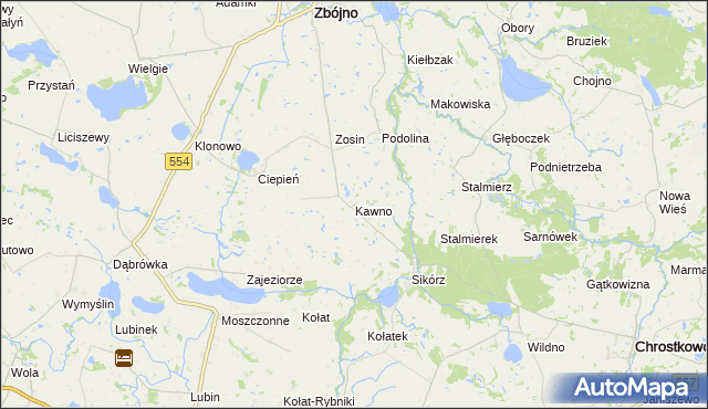 mapa Kawno gmina Chrostkowo, Kawno gmina Chrostkowo na mapie Targeo