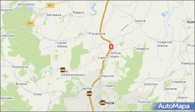 mapa Kietlin gmina Niemcza, Kietlin gmina Niemcza na mapie Targeo